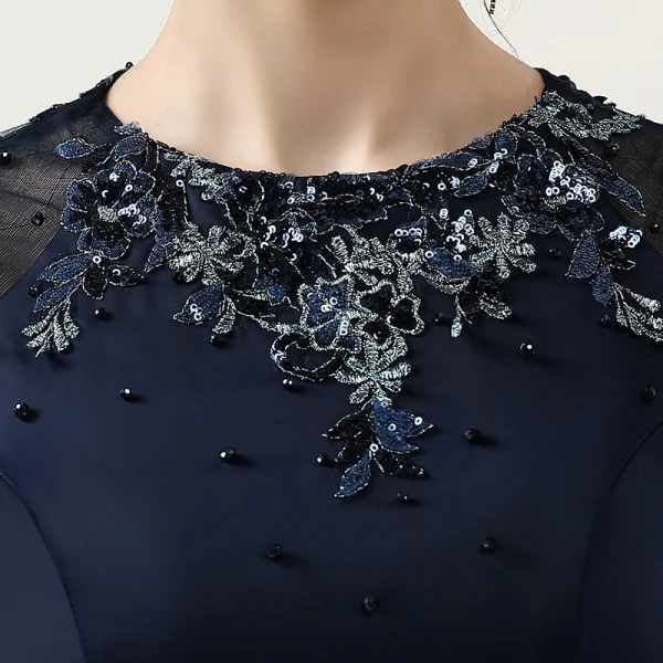 Elegant Navy Blue Evening Dresses 2017 Trumpet / Mermaid U-Neck Charmeuse Appliques Beading Pierced Handmade Evening Party Formal Dresses