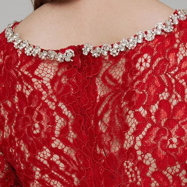 Chic / Beautiful Red Mother Of The Bride Dresses 2020 Trumpet / Mermaid Long Sleeve U-Neck Beading Embroidered Rhinestone Sweep Train Wedding Evening Party Wedding Party Dresses