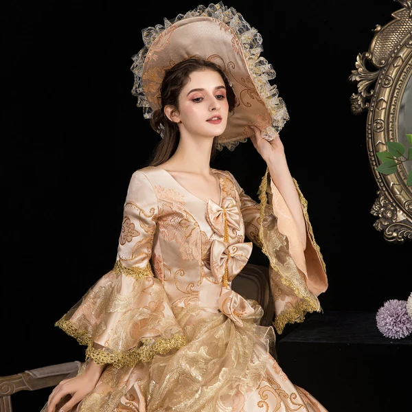 Vintage / Retro Medieval Bling Bling Fabulous Gold Ball Gown Prom Dresses 2021 Long Sleeve 3D Lace V-Neck Puffy Printing Chapel Train Cosplay