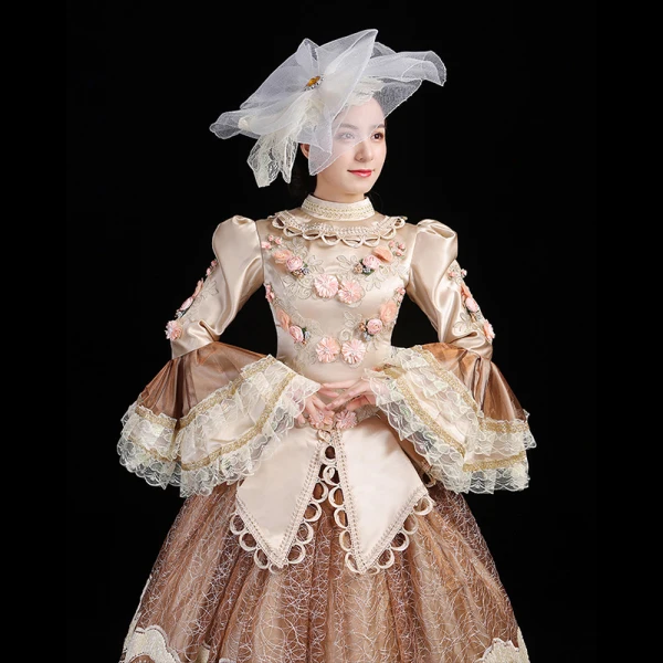 Vintage / Retro Medieval Champagne Ball Gown Prom Dresses 2021 Long Sleeve High Neck Floor-Length / Long 3D Lace Appliques Embroidered Flower Cosplay Prom Formal Dresses