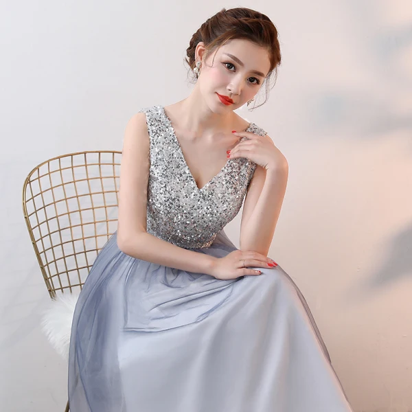 Sparkly Bling Bling Silver Floor-Length / Long Evening Dresses  2018 A-Line / Princess V-Neck Tulle Appliques Beading Sequins Evening Party Formal Dresses