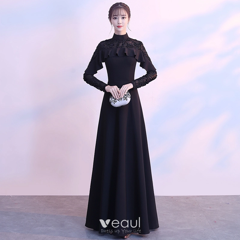 Modest / Simple Black Floor-Length / Long Evening Dresses 2018 A-Line / Princess Lace-up High Neck Long Sleeve Charmeuse Formal Dresses Modest / Simple Black Floor-Length / Long Evening Dresses 2018 A-Line / Princess Lace-up High Neck Long Sleeve Charmeuse Formal Dresses