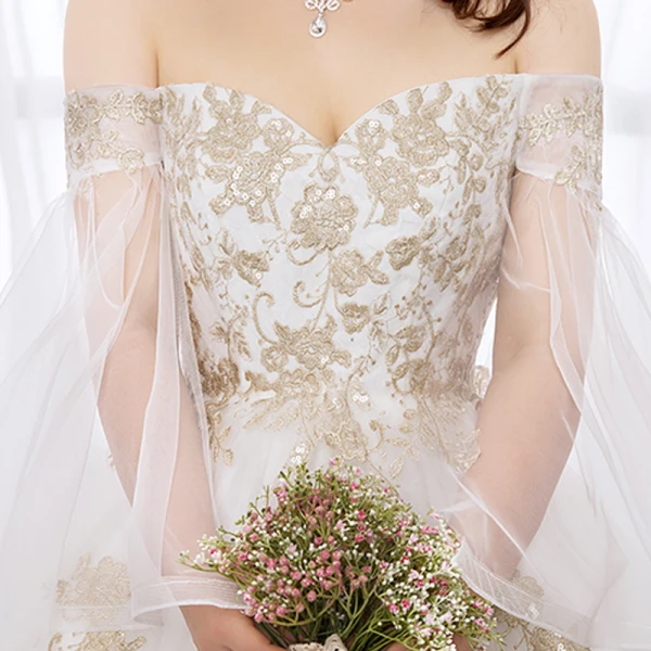 Chic / Belle Blanche Robe Boule Grande Taille Robe De Mariée 2019 Tulle Manches Longues Appliques Dos Nu Brodé Paillettes Bustier Chapel Train Mariage