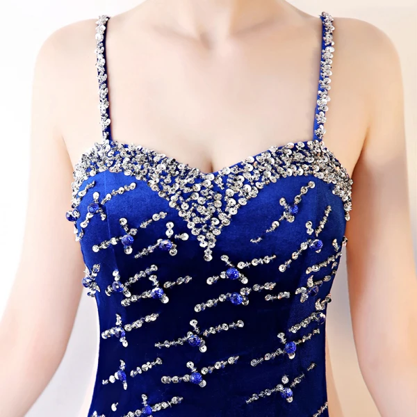 Sexy Bleu Roi Robe De Soirée 2017 Trompette / Sirène Bretelles Spaghetti Dos Nu Perlage Paillettes Soirée Robe De Ceremonie