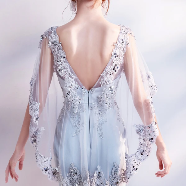 Chic / Beautiful Grey Evening Dresses 2018 Trumpet / Mermaid V-Neck Lace Appliques Backless Beading Rhinestone Evening Party Formal Dresses