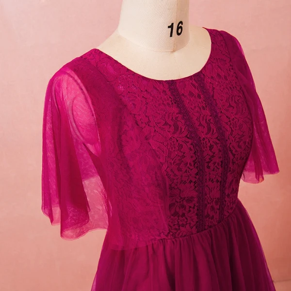 Modest / Simple Burgundy Plus Size Evening Dresses 2018 A-Line / Princess Lace-up Tulle U-Neck Appliques Backless Evening Party Formal Dresses
