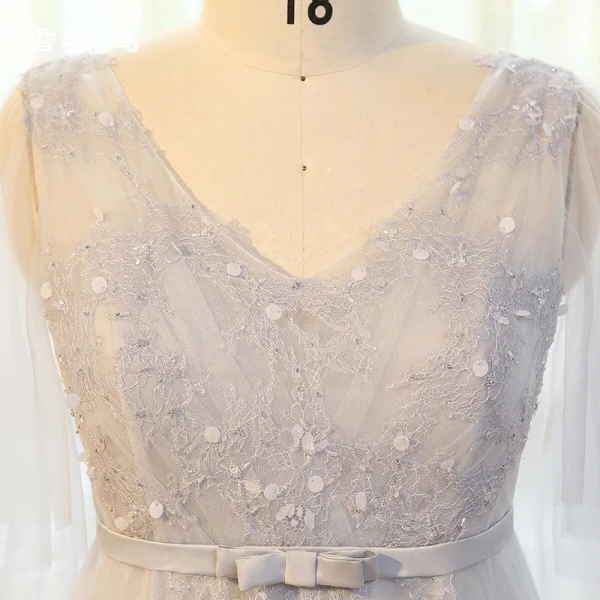 Chic / Belle Gris Grande Taille Robe De Bal 2018 Princesse V-Cou Tulle Lacer Appliques Dos Nu Perlage Paillettes Soirée Robe De Soirée
