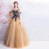Classic Elegant Yellow Floor-Length / Long Evening Dresses  2018 A-Line / Princess U-Neck Tulle Embroidered Backless Beading Evening Party Prom Dresses