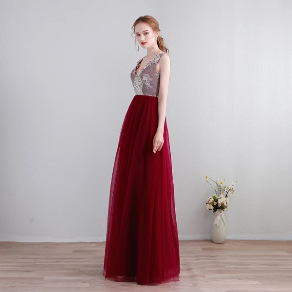Charming Sexy Floor-Length / Long Evening Dresses 2018 V-Neck Chiffon Lace-up Burgundy Appliques Backless Beading Formal Dresses