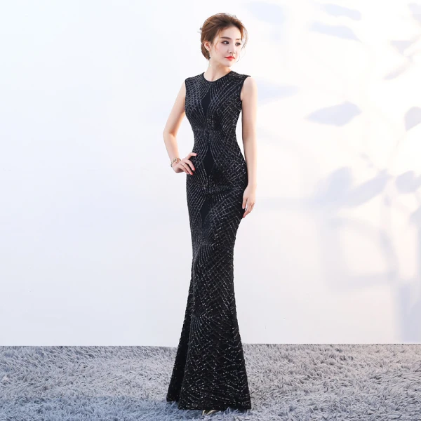 Sparkly Bling Bling Floor-Length / Long Black Evening Dresses 2018 Trumpet / Mermaid U-Neck Zipper Up Beading Sequins Evening Party Formal Dresses