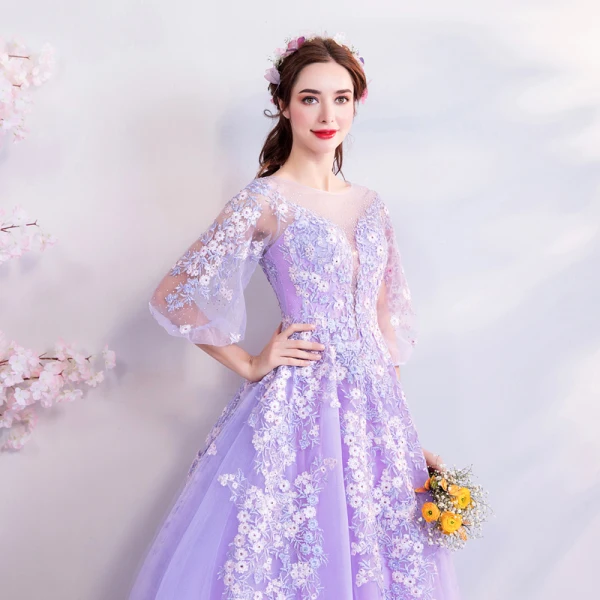 Flower Fairy Lavender Floor-Length / Long Prom Dresses 2018 A-Line / Princess Tulle U-Neck Appliques Backless Beading Evening Party Prom Formal Dresses
