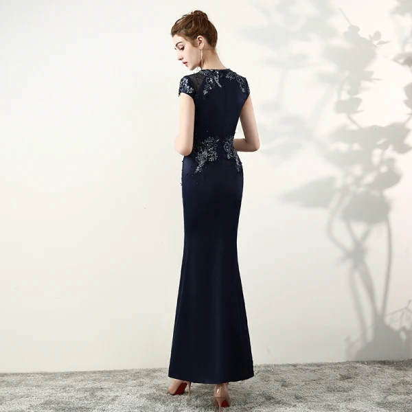 Elegant Navy Blue Evening Dresses 2017 Trumpet / Mermaid U-Neck Charmeuse Appliques Beading Pierced Handmade Evening Party Formal Dresses