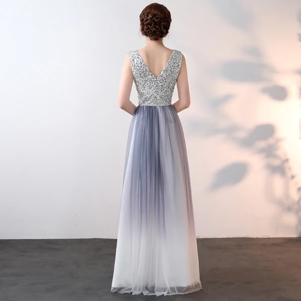 Sparkly Bling Bling Silver Floor-Length / Long Evening Dresses  2018 A-Line / Princess V-Neck Tulle Appliques Beading Sequins Evening Party Formal Dresses