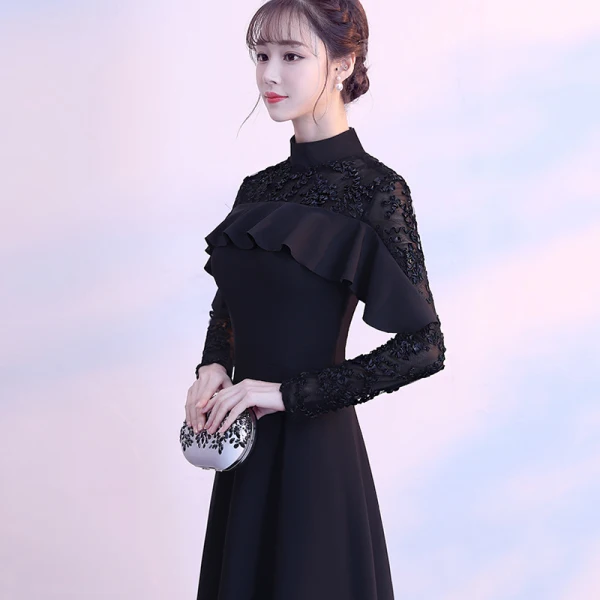 Modest / Simple Black Floor-Length / Long Evening Dresses 2018 A-Line / Princess Lace-up High Neck Long Sleeve Charmeuse Formal Dresses