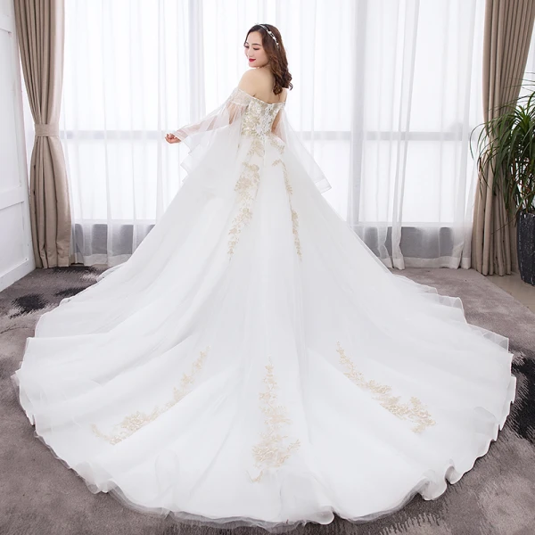 Chic / Belle Blanche Robe Boule Grande Taille Robe De Mariée 2019 Tulle Manches Longues Appliques Dos Nu Brodé Paillettes Bustier Chapel Train Mariage