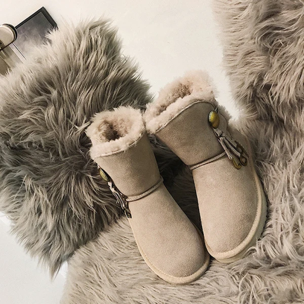 Klassieke Elegante Bruin Snowboots 2020 Gesp Kwast Wollen Leer Toevallig Tuin / Outdoor Winter Plat Ronde Neus Dames Laarzen