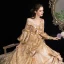 Vintage / Retro Medieval Bling Bling Fabulous Gold Ball Gown Prom Dresses 2021 Long Sleeve 3D Lace V-Neck Puffy Printing Chapel Train Cosplay