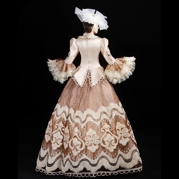 Vintage / Retro Medieval Champagne Ball Gown Prom Dresses 2021 Long Sleeve High Neck Floor-Length / Long 3D Lace Appliques Embroidered Flower Cosplay Prom Formal Dresses