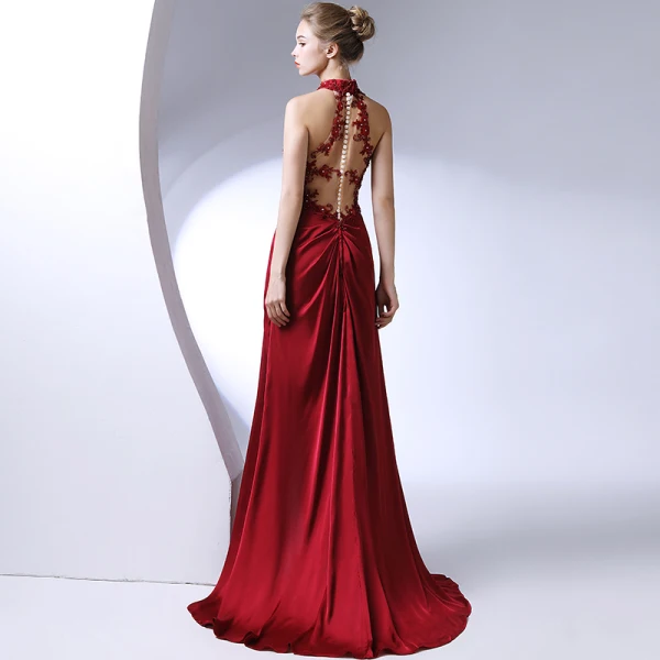 Unique Bordeaux Robe De Soirée 2017 Dentelle Appliques Dos Nu Perlage Soirée Robe De Ceremonie