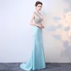 Chic / Belle Bleu Ciel Robe De Soirée 2017 Trompette / Sirène V-Cou Fait main Dos Nu Cristal Faux Diamant Chiffon Soirée Robe De Ceremonie