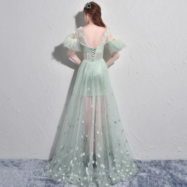 Amazing / Unique Sage Green Evening Dresses  2017 A-Line / Princess V-Neck Lace Feather Appliques Backless Beading Evening Party Formal Dresses