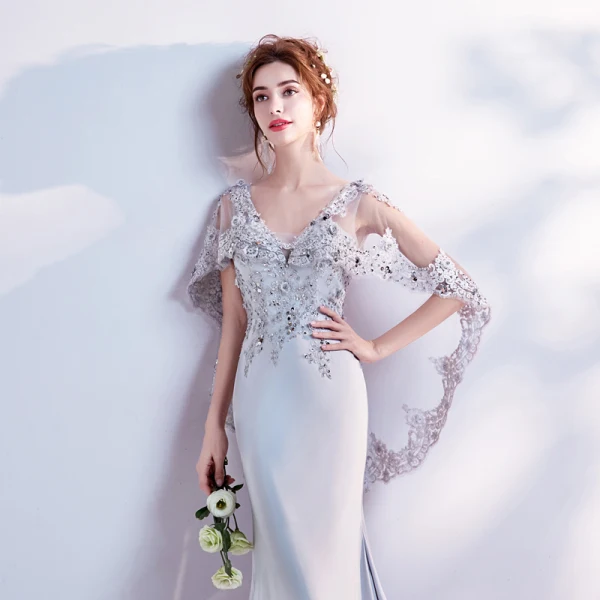 Chic / Beautiful Grey Evening Dresses 2018 Trumpet / Mermaid V-Neck Lace Appliques Backless Beading Rhinestone Evening Party Formal Dresses