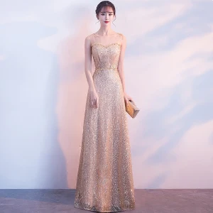 Chic Beautiful Gold Evening Dresses 2017 A Line Princess U Neck Tulle Beading Glitter Sequins Evening Party Formal Dresses