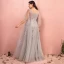 Chic / Belle Gris Grande Taille Robe De Bal 2018 Princesse V-Cou Tulle Lacer Appliques Dos Nu Perlage Paillettes Soirée Robe De Soirée