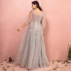 Chic / Beautiful Grey Plus Size Prom Dresses 2018 A-Line / Princess V-Neck Tulle Lace-up Appliques Backless Beading Sequins Evening Party Evening Dresses