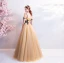 Classic Elegant Yellow Floor-Length / Long Evening Dresses  2018 A-Line / Princess U-Neck Tulle Embroidered Backless Beading Evening Party Prom Dresses