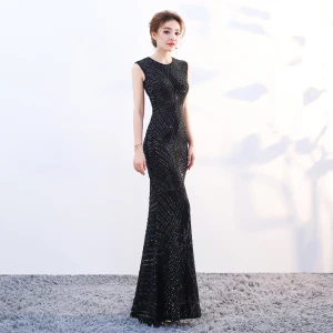 Scintillantes Bling Bling Longue Noire Robe De Soirée 2018 Trompette Sirène U Cou Fermeture Éclair Perlage Paillettes Soirée Robe De Ceremonie