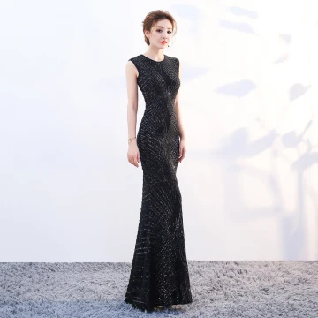 Scintillantes Bling Bling Longue Noire Robe De Soirée 2018 Trompette Sirène U Cou Fermeture Éclair Perlage Paillettes Soirée Robe De Ceremonie