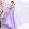 Flower Fairy Lavender Floor-Length / Long Prom Dresses 2018 A-Line / Princess Tulle U-Neck Appliques Backless Beading Evening Party Prom Formal Dresses