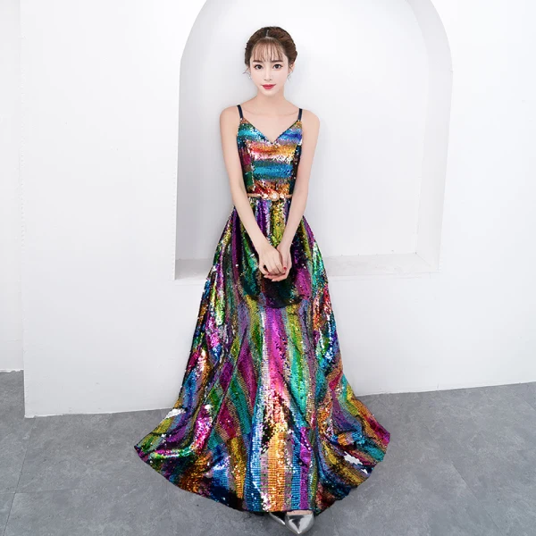 Scintillantes Bling Bling Multi-Couleurs Longue Robe De Soirée 2018 Princesse V-Cou Perlage Paillettes Cocktail Soirée Robe De Ceremonie
