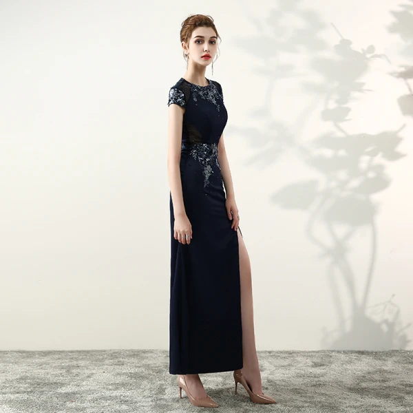 Elegant Navy Blue Evening Dresses 2017 Trumpet / Mermaid U-Neck Charmeuse Appliques Beading Pierced Handmade Evening Party Formal Dresses