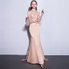 Luxe Perle Rose Robe De Soirée 2017 Trompette / Sirène Bustier Dentelle Brodé Appliques Dos Nu Soirée Robe De Ceremonie