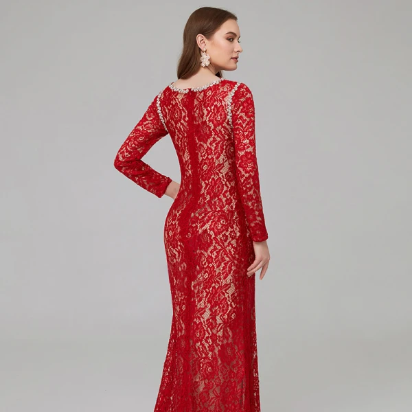 Chic / Beautiful Red Mother Of The Bride Dresses 2020 Trumpet / Mermaid Long Sleeve U-Neck Beading Embroidered Rhinestone Sweep Train Wedding Evening Party Wedding Party Dresses