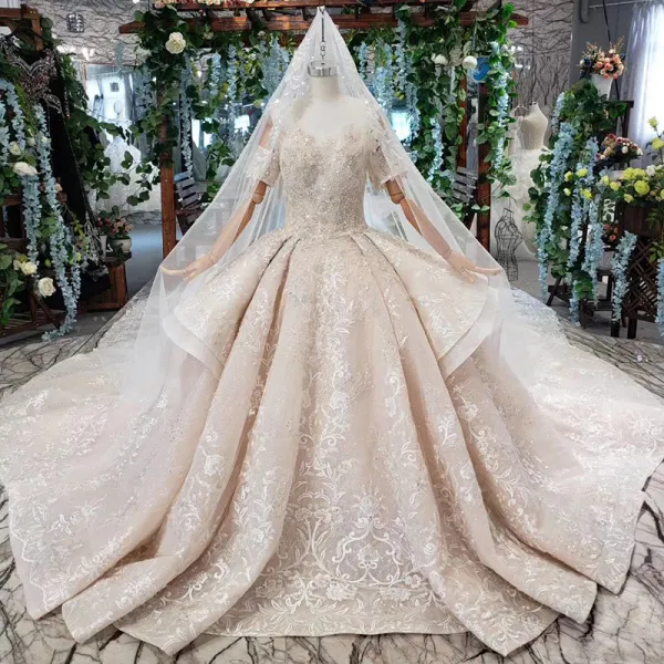 Chic / Beautiful Bling Bling Champagne Ball Gown Wedding Dresses 2020 Off-The-Shoulder Cap Sleeves Handmade  3D Lace Backless Beading Crystal Sequins Cathedral Train Wedding