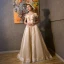 Vintage / Retro Medieval Champagne Prom Dresses 2021 A-Line / Princess Off-The-Shoulder Sleeveless Crossed Straps Lace Tulle Appliques Backless Sweep Train Prom Formal Dresses