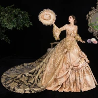 Vintage / Retro Medieval Bling Bling Fabulous Gold Ball Gown Prom Dresses 2021 Long Sleeve 3D Lace V-Neck Puffy Printing Chapel Train Cosplay