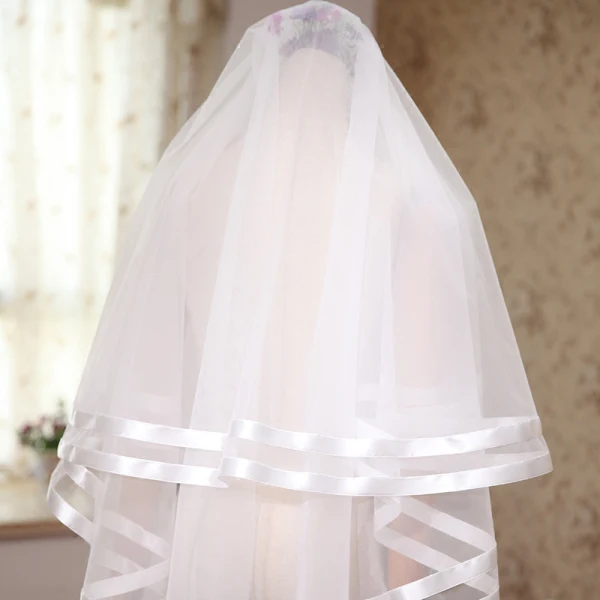 Modest / Simple White Wedding Short Striped Tulle 1.5 m Wedding Veils 2018
