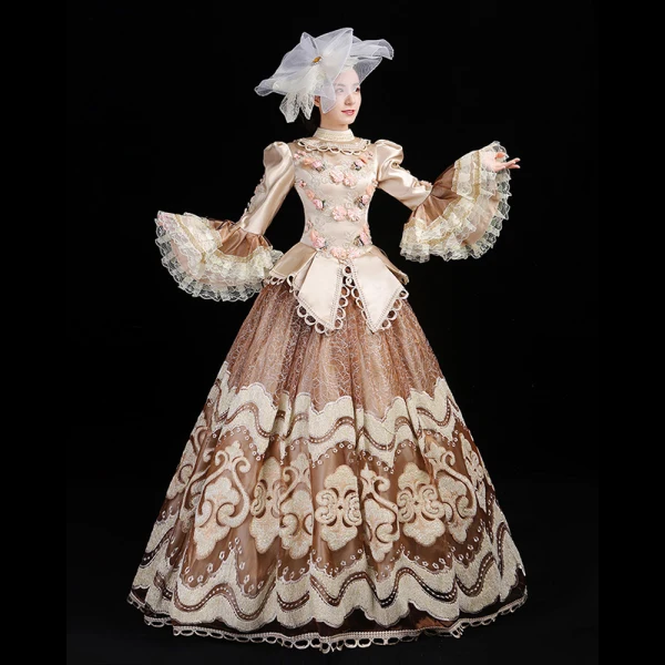Vintage / Retro Medieval Champagne Ball Gown Prom Dresses 2021 Long Sleeve High Neck Floor-Length / Long 3D Lace Appliques Embroidered Flower Cosplay Prom Formal Dresses