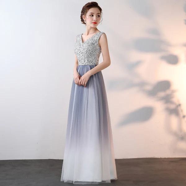 Sparkly Bling Bling Silver Floor-Length / Long Evening Dresses  2018 A-Line / Princess V-Neck Tulle Appliques Beading Sequins Evening Party Formal Dresses