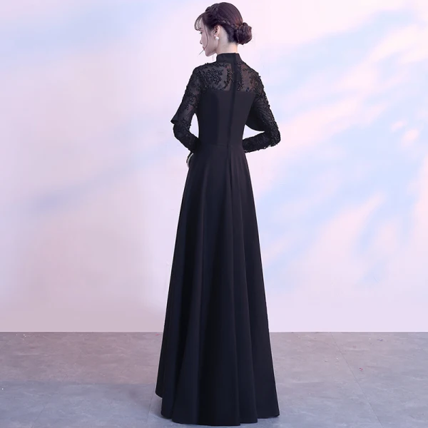 Modest / Simple Black Floor-Length / Long Evening Dresses 2018 A-Line / Princess Lace-up High Neck Long Sleeve Charmeuse Formal Dresses