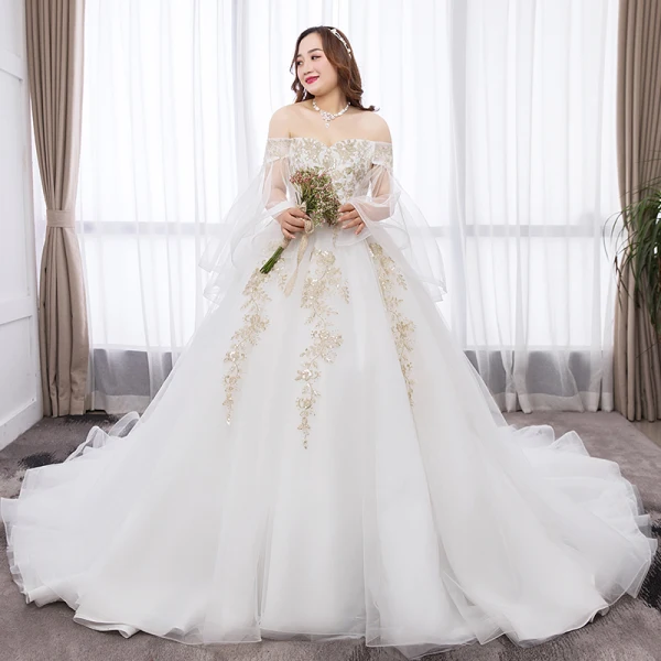 Chic / Belle Blanche Robe Boule Grande Taille Robe De Mariée 2019 Tulle Manches Longues Appliques Dos Nu Brodé Paillettes Bustier Chapel Train Mariage