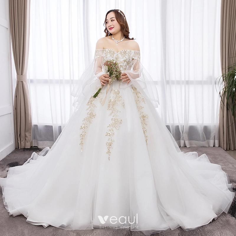 Chic Belle Blanche Robe Boule Grande Taille Robe De Mariee 2019 Tulle Manches Longues Appliques Dos Nu Brode Paillettes Bustier Chapel Train Mariage