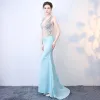 Chic / Belle Bleu Ciel Robe De Soirée 2017 Trompette / Sirène V-Cou Fait main Dos Nu Cristal Faux Diamant Chiffon Soirée Robe De Ceremonie