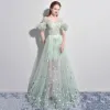 Único Verde Salvia Vestidos de noche 2017 A-Line / Princess V-Cuello De Encaje Pluma Apliques Sin Espalda Rebordear Noche Vestidos Formales