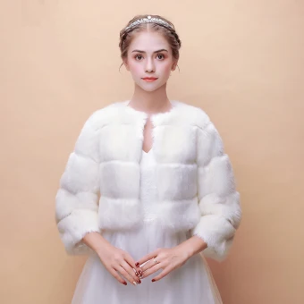 White Winter Scoop Neck 3 4 Sleeve Faux Fur Wedding Prom Striped 2017
