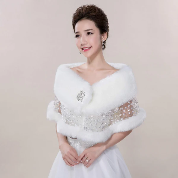 Blanche Hiver En Dentelle Paillettes Fausse Fourrure Mariage Promo Châles 2017